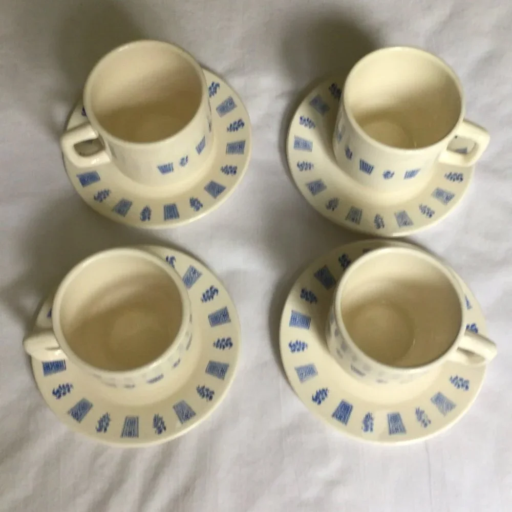 Set of Four Cream colored Mugs and Saucers with blue print design - Picture 3 of 8